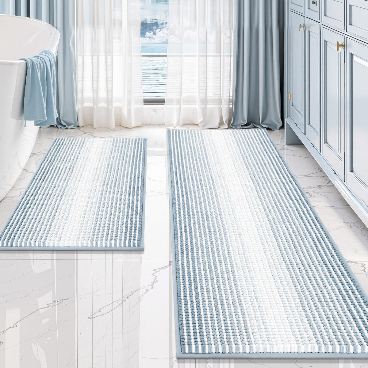 BSICPRO Bathroom Rugs Sets 2 Piece, Non Slip Striped Bath Mats, Sage