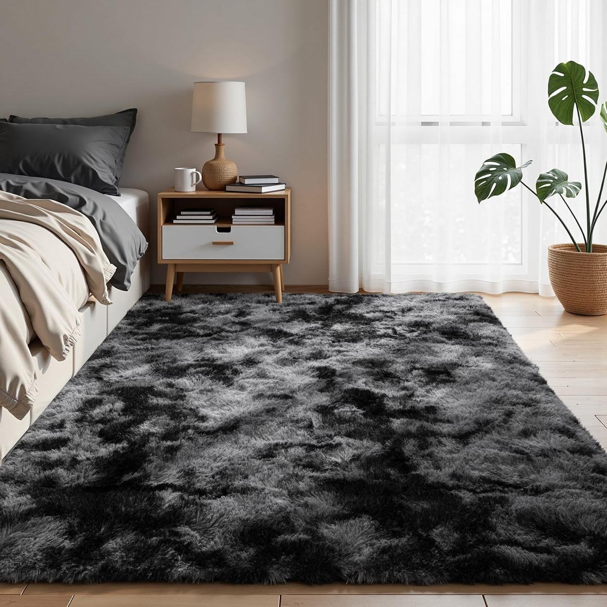 Zentavio 2x6 Runner Rugs for Hallway Shag Soft Bedroom Bedside Rugs Non Slip Fluffy Carpet for Kids Girls Boys Home Decor Aesthetic Dorm Nursery Tie-Dyed Black Grey