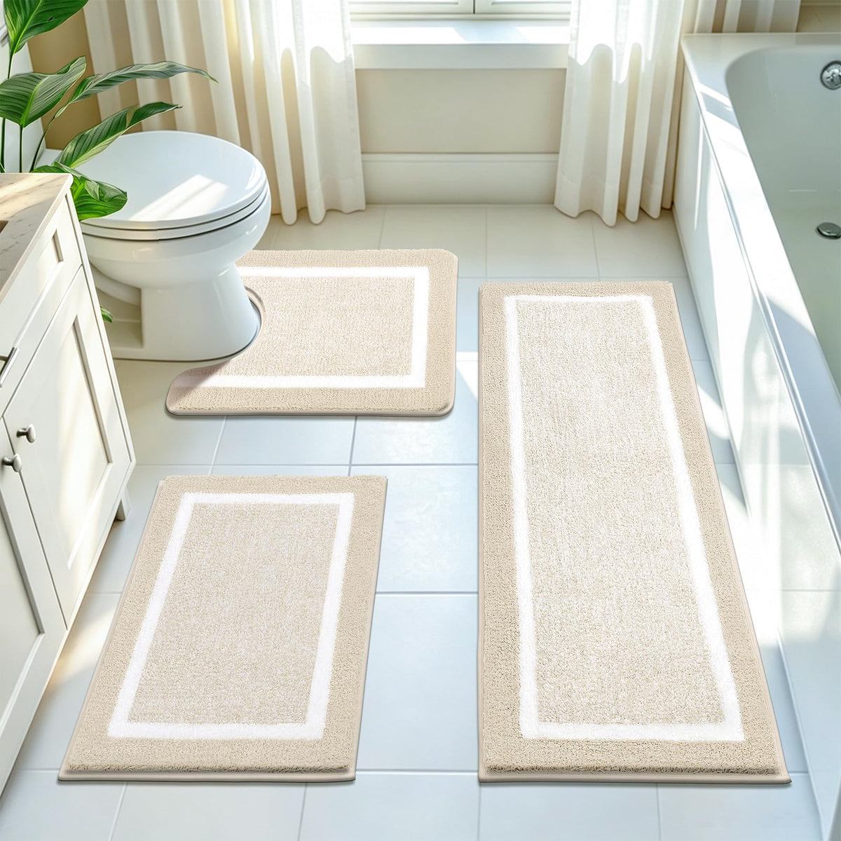 Pauwer Bathroom Rugs 3 Piece Set, Non Slip Washable Bath Mat, Dark Grey