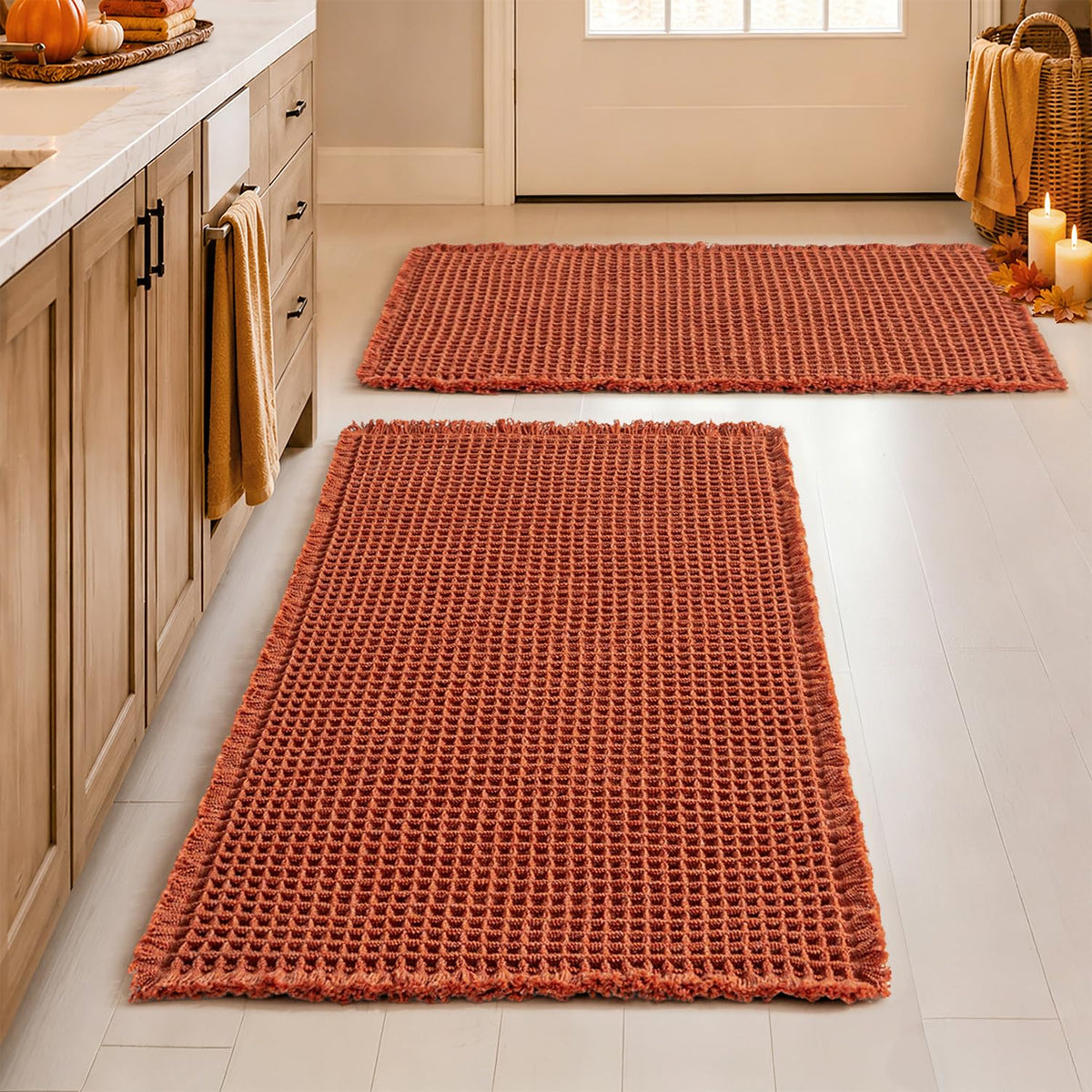 MIULEE Set of 2 Waffle Bathroom Rugs Boho Bath Mat Brown 18x30 Inch