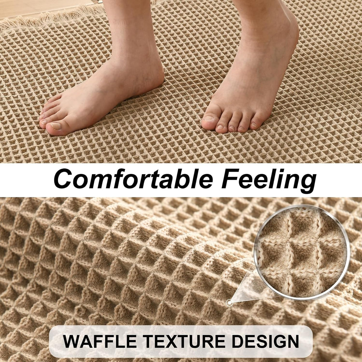 JIUZHEN Set of 2 Waffle Bath Mats Boho Bath Rugs 16"x24"+20"x32", Brown