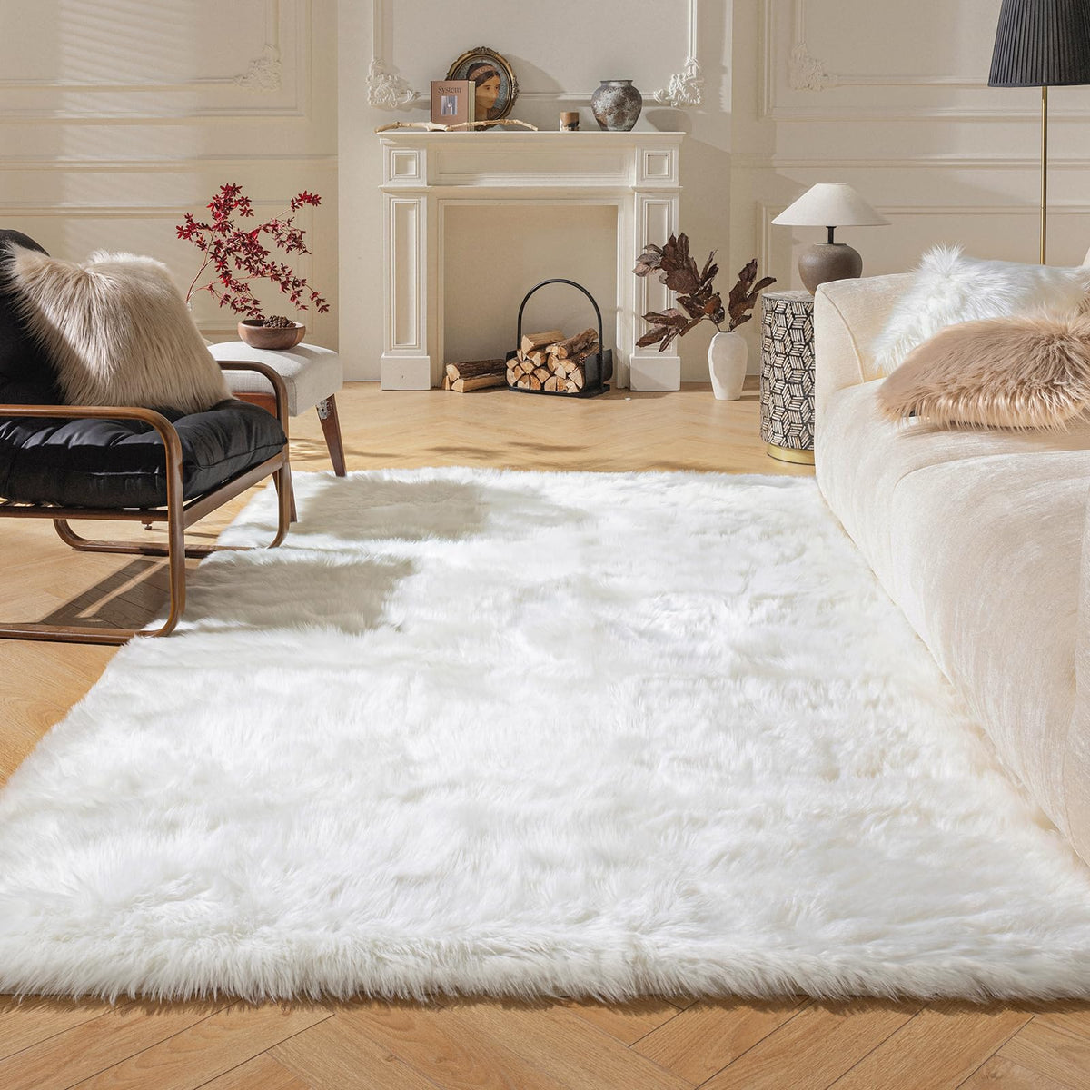 Ashler Faux Fur Rug, White, 2x3 Ft, Machine Washable