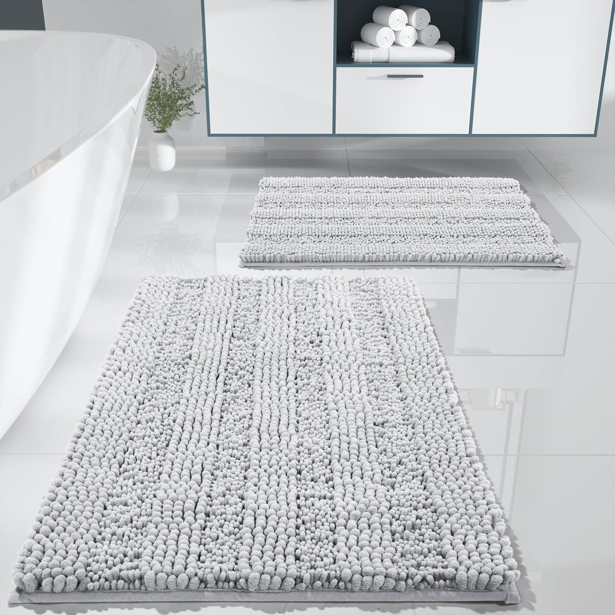 Yimobra Bathroom Rug Set 2 Piece, Absorbent Bath Mat Set, 32x20+24x17, Gray