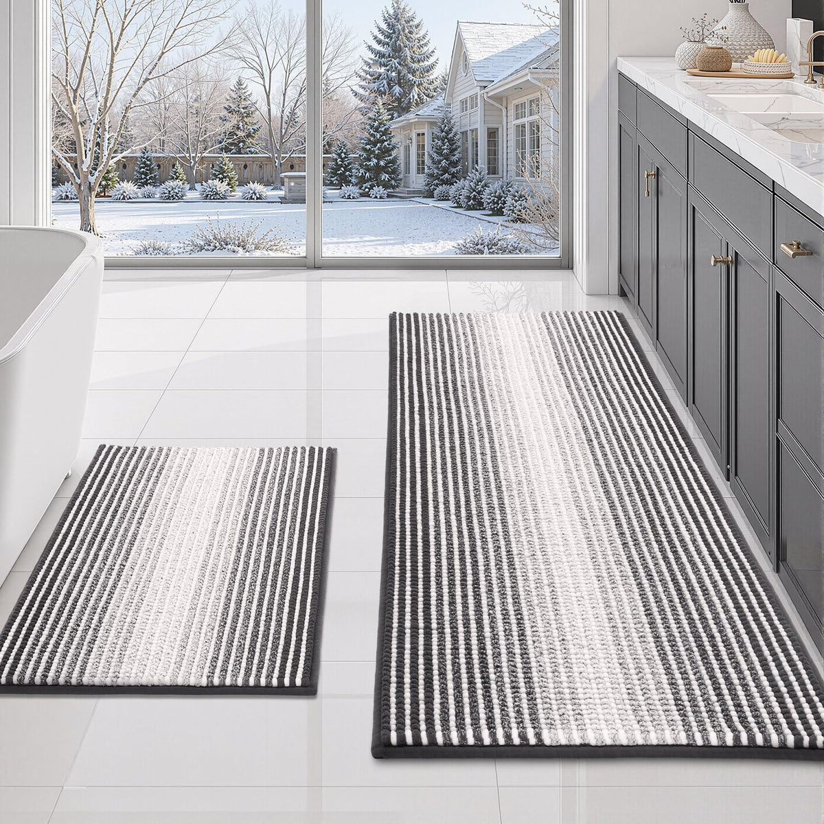 BSICPRO Bathroom Rugs Sets 2 Piece, Non Slip Striped Bath Mats, Sage