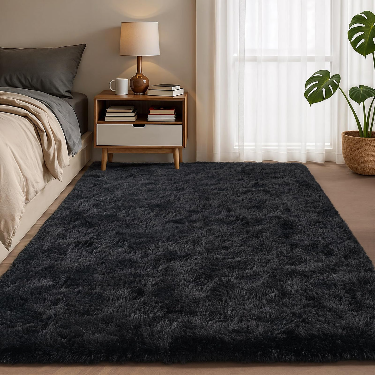 Zentavio 2x6 Runner Rugs for Hallway Shag Soft Bedroom Bedside Rugs Non Slip Fluffy Carpet for Kids Girls Boys Home Decor Aesthetic Dorm Nursery Tie-Dyed Black Grey