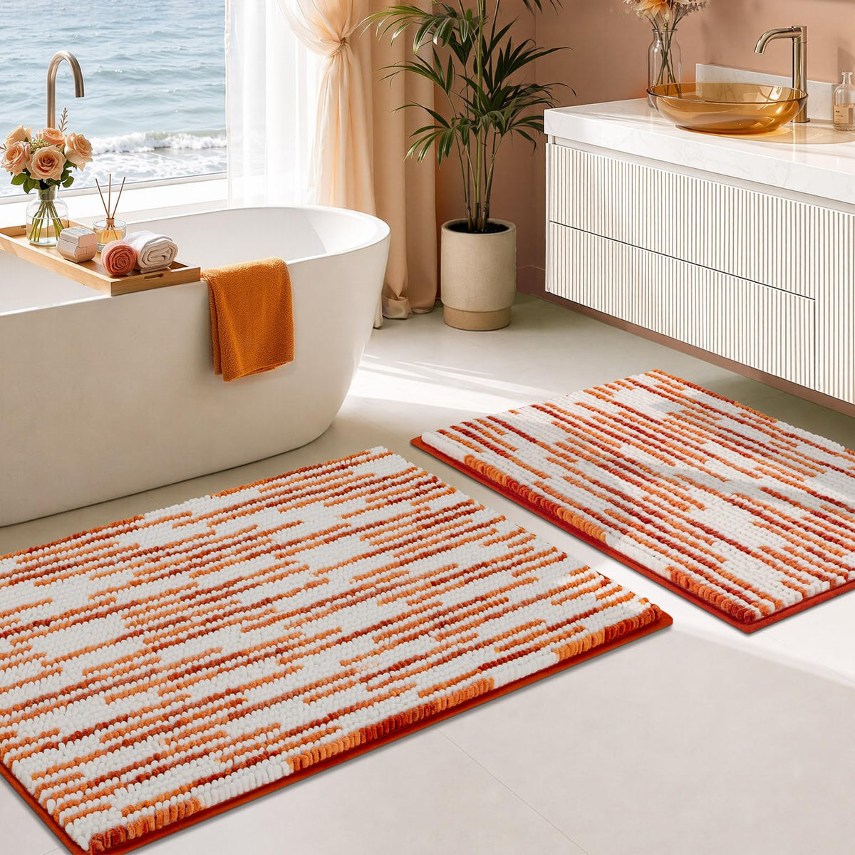 BSICPRO Bathroom Rugs Sets 2 Piece, Non Slip Striped Bath Mats, Sage
