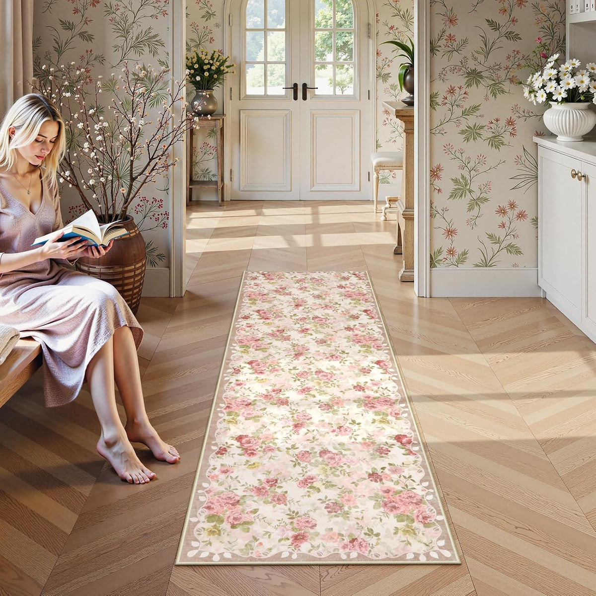 Lahome Floral Pink Bathroom Rug Runners for Hallways Non Slip 2x6