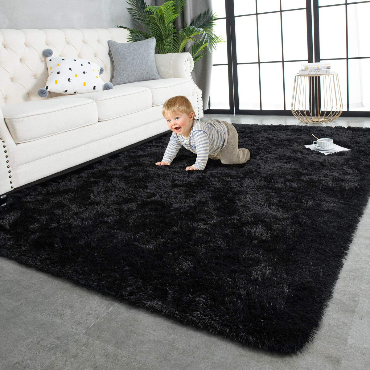 TWINNIS Super Soft Shaggy Runner Rugs Fluffy Carpets, 2x6 Feet, Indoor Modern Plush Area Rugs for Hallway Living Room Bedroom Kitchen Entryway, Upgrade Anti-Skid Rectangular Fuzzy Rug, Black