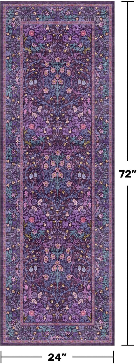 Washable Plum Purple Runner Rug 2x6 - Boho Rug Runner for Bathroom, Kitchen, Indoor Entryway, Low Pile Violet Carpet for Bedroom Bedside, Laundry Room, Hallway Mats for Floor, Stain Resistant