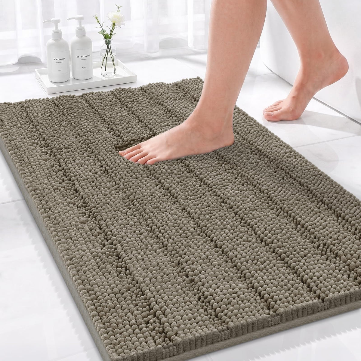 Bcoimo Small Bath Rug Mat,24x17 Chenille Non Slip Gray Bathroom Shower Mat
