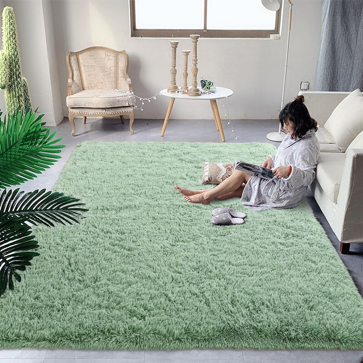 DweIke Fluffy Sage Green Runner Rugs for Bedroom, 2x6 Feet Soft Plush Long Runners for Girls Boys Kids, Non-Slip and Machine Washable Bedside Rug, Small Throw Carpet for Hallway Rooms Decor