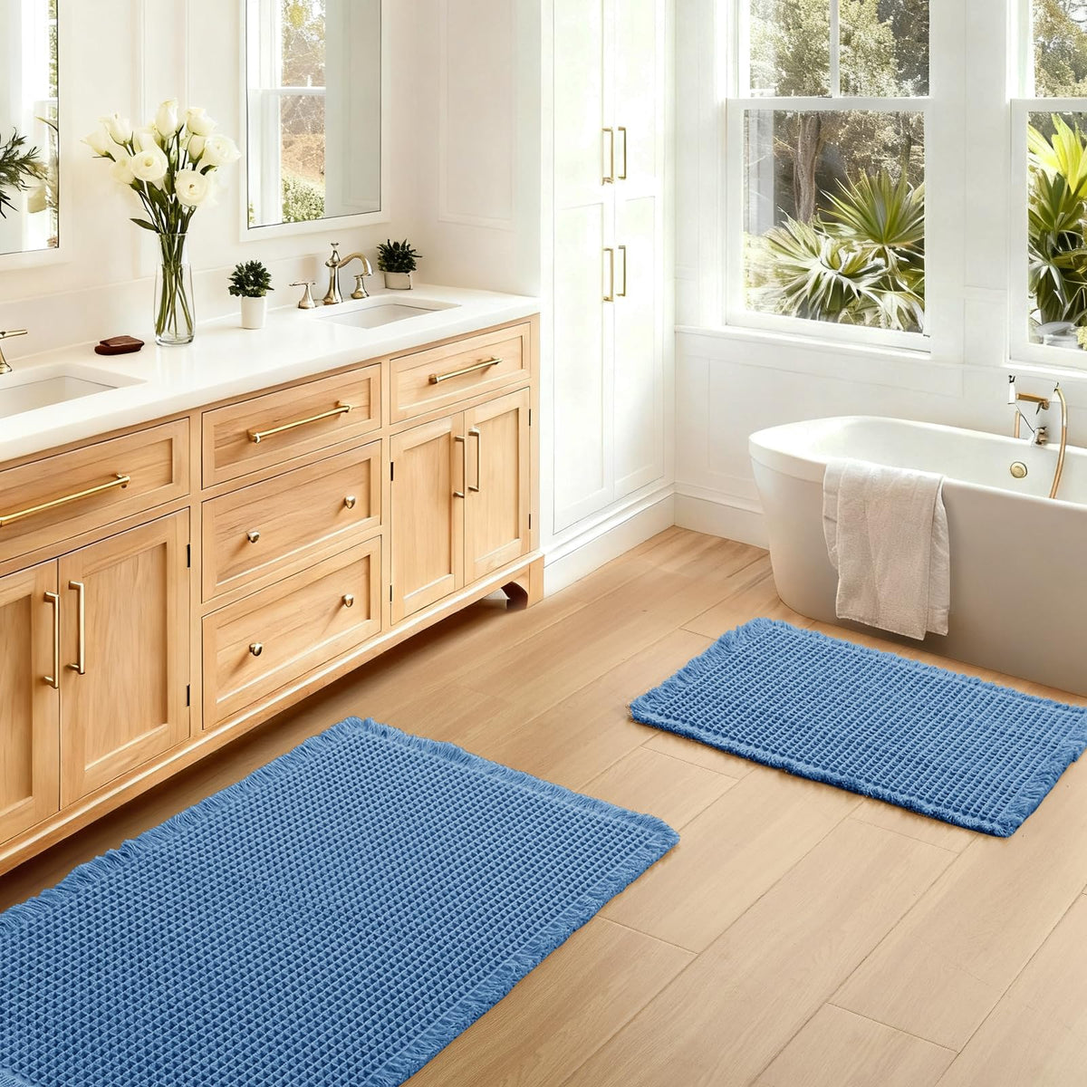 JIUZHEN Set of 2 Waffle Bath Mats Boho Bath Rugs 16"x24"+20"x32", Brown