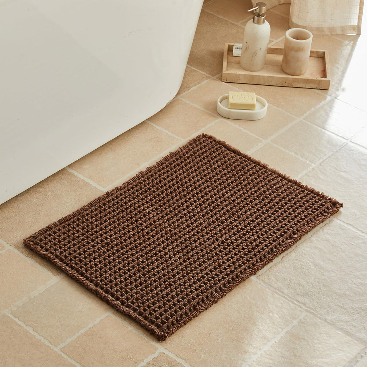 Triohero Waffle Bath Mat, Small Boho Bathroom Rugs Non Slip, 16x24 Khaki