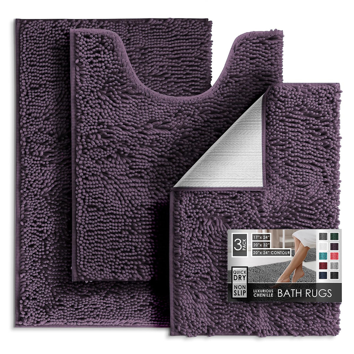 Hearth & Harbor Bathroom Rugs, Chenille Bath Mat - Machine Washable Bath Mats for Bathroom Non-Slip Backing Rubber, Quick Dry Bathroom Mat, 17 x 24 + 20 x 32 - Hunter Green