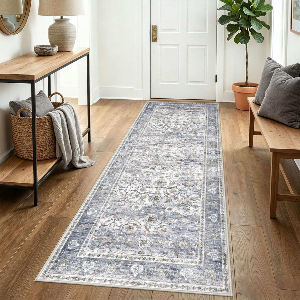 KUTA Vintage Floral Washable 2x3 Rugs for Entryway Blue Grey Beige