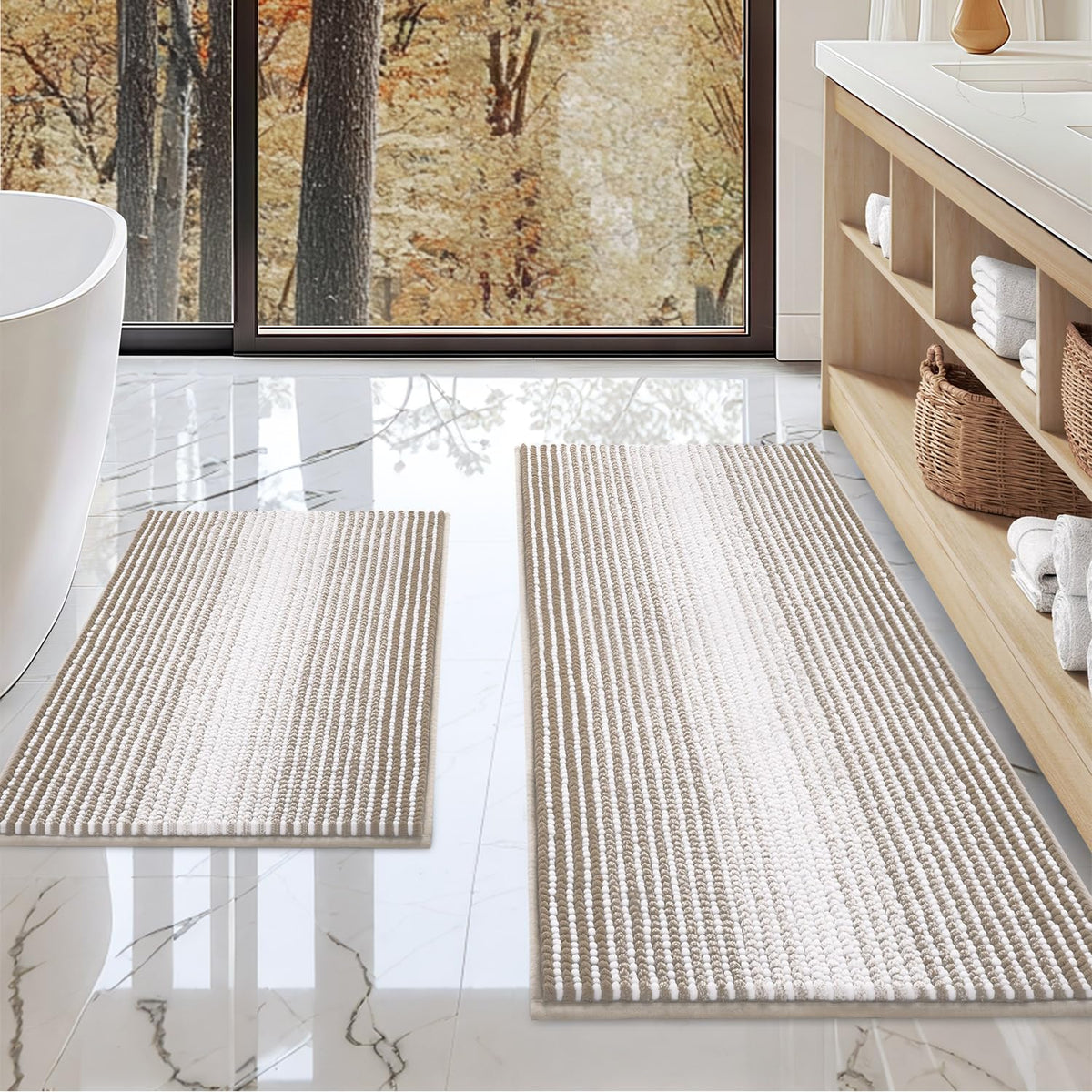 BSICPRO Bathroom Rugs Sets 2 Piece, Non Slip Boho Bath Mats, Beige