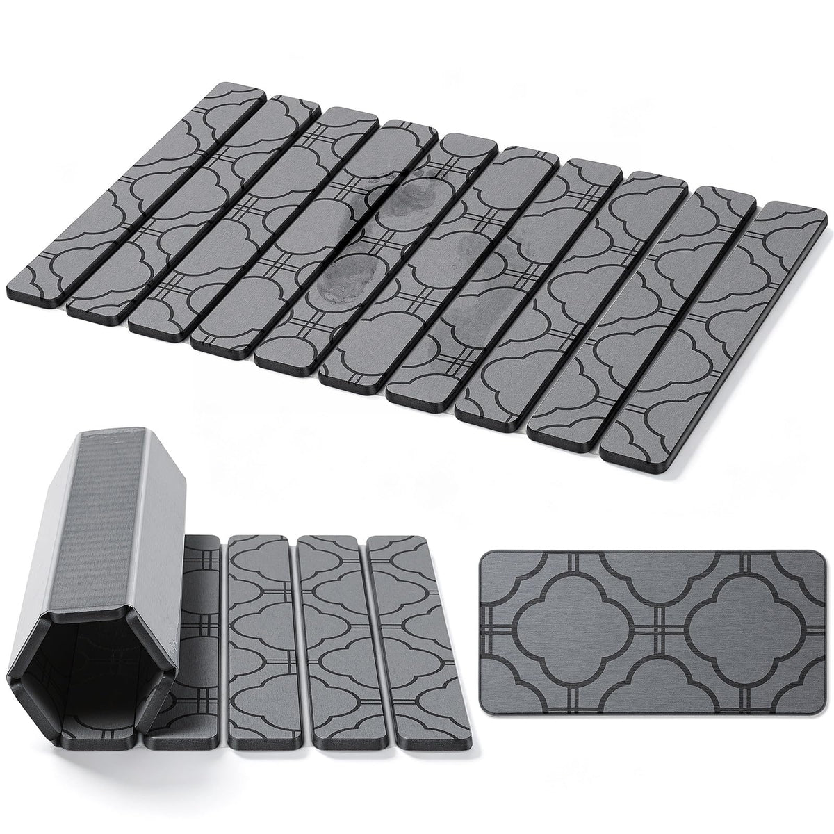 Foldable Stone Bath Mat, Non Slip Large Diatomaceous Shower Mat, Super Absorbent Quick Drying Stone Mat for Bathroom Kitchen Floor Counter Sink ,Easy to Clean & Store (Dark Gray 24"×16")