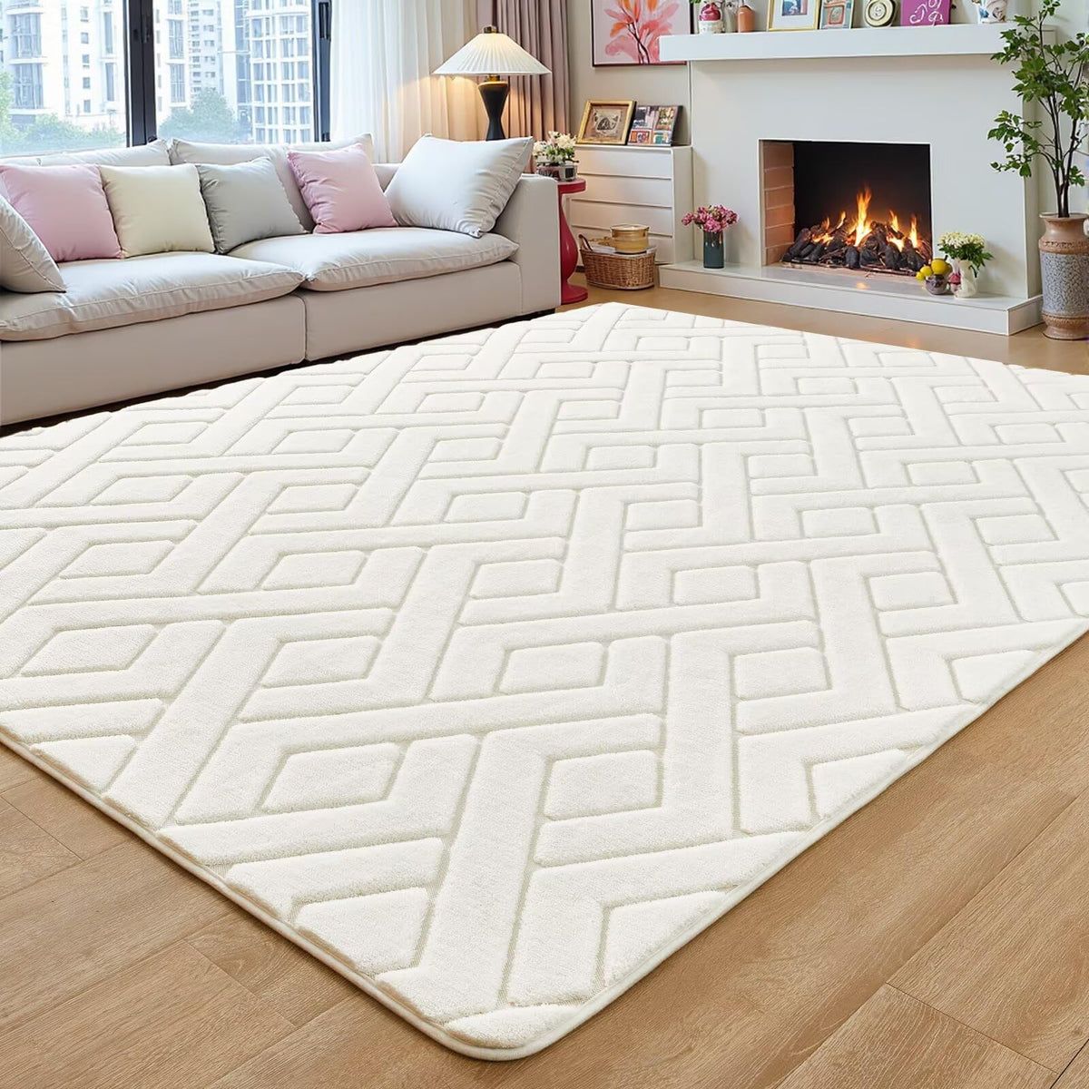 Grey Fluffy Area Rug for Bedroom, 3x5 Geometric Shag Rugs