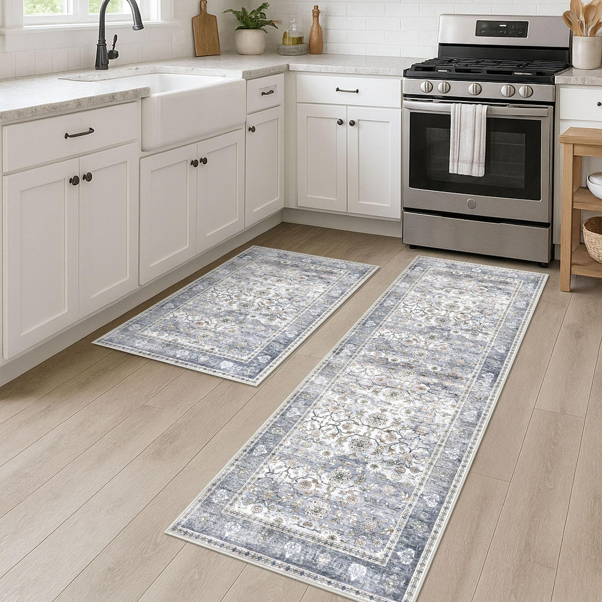 KUTA Vintage Floral Washable 2x3 Rugs for Entryway Blue Grey Beige