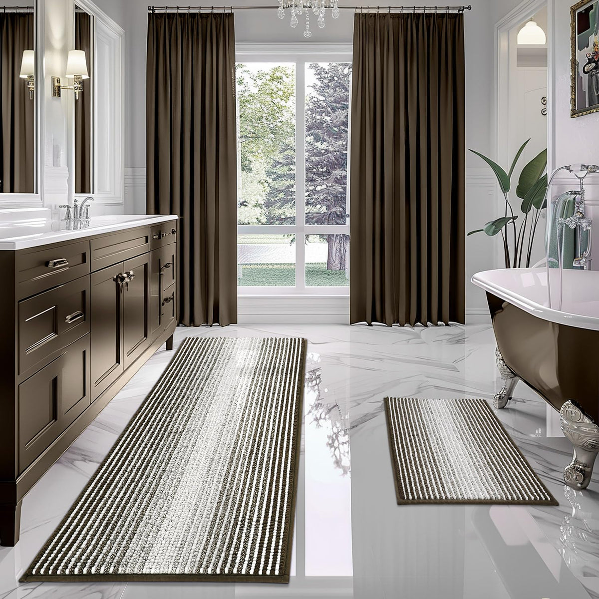 BSICPRO Bathroom Rugs Sets 2 Piece, Non Slip Striped Bath Mats, Sage