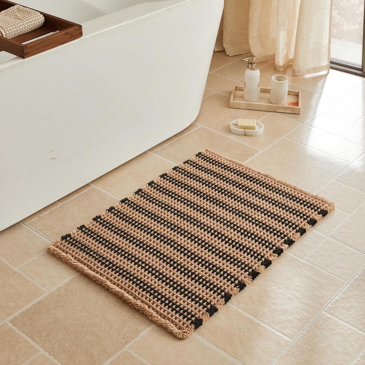 Triohero Waffle Bath Mat, Small Boho Bathroom Rugs Non Slip, 16x24 Khaki