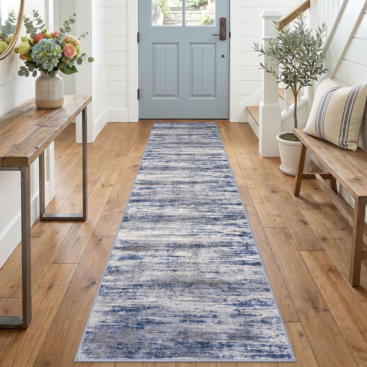 KOZYFLY Abstract Entryway Rug 2x3 Washable Door Mat Indoor Blue Beige