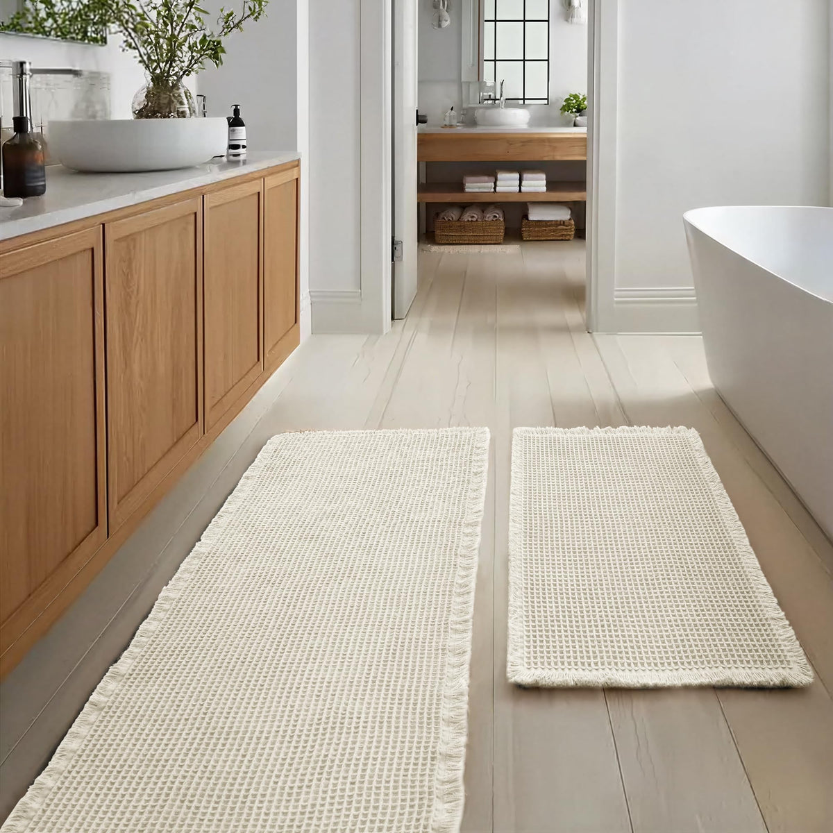 JIUZHEN Set of 2 Waffle Bath Mats Boho Bath Rugs 16"x24"+20"x32", Brown