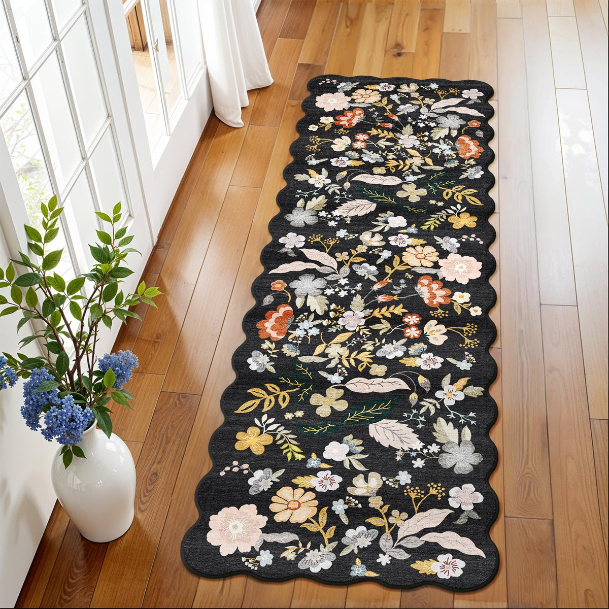 2x4 Rug Washable for Entryway - Non-Slip Scalloped Floral Throw Rug Black