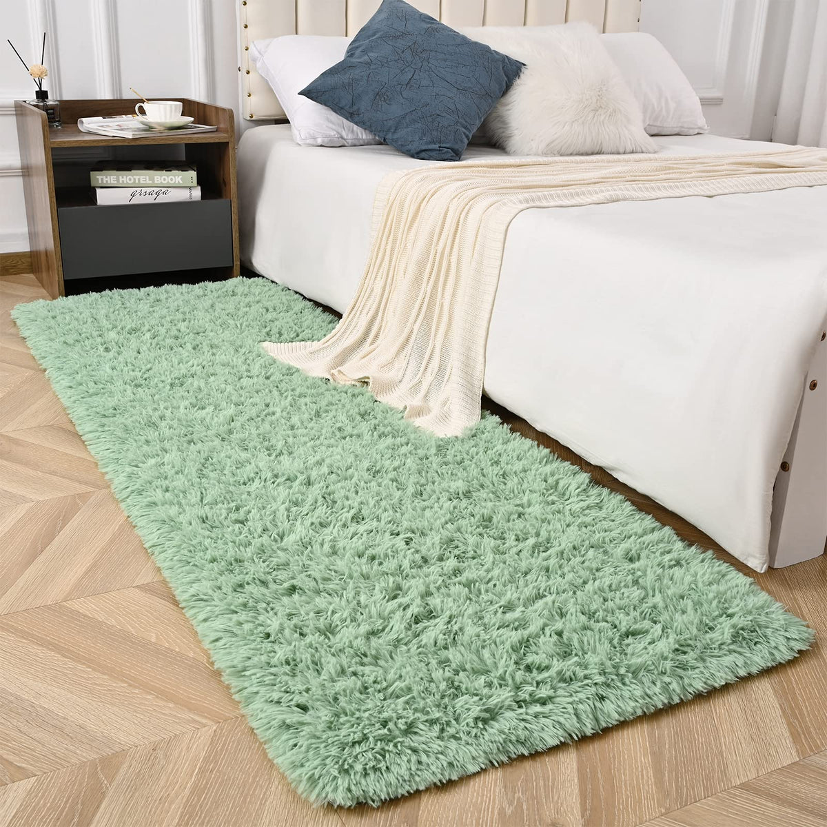 Sage Green Runner Area Rugs for Bedroom Living Room, 2x6 Feet Fluffy Bedside Rugs, Soft Shaggy Carpet Rug for Kids Room Nursery, Furry Rugs for Girls Boys Dorm Room Home Decor