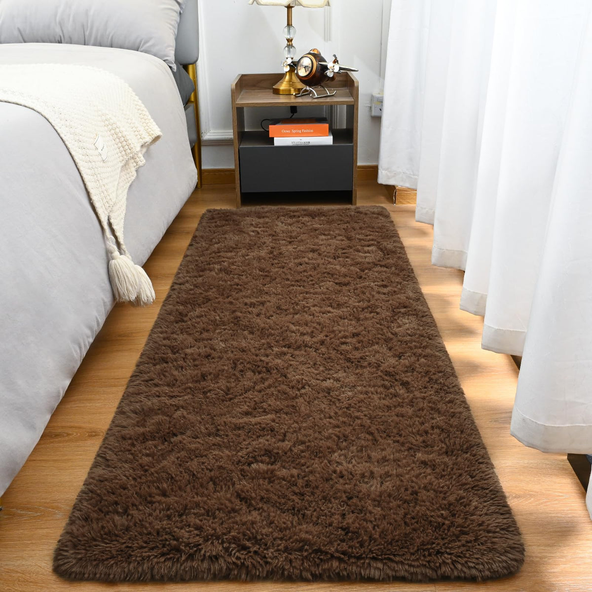 Goideal Fluffy Runner Rug for Bedroom Living Room, 2x6 Olive Green Bedside Rugs, Faux Fur Shag Modern Carpet Ultra Soft Girls Boys Room Home Decor, Solid