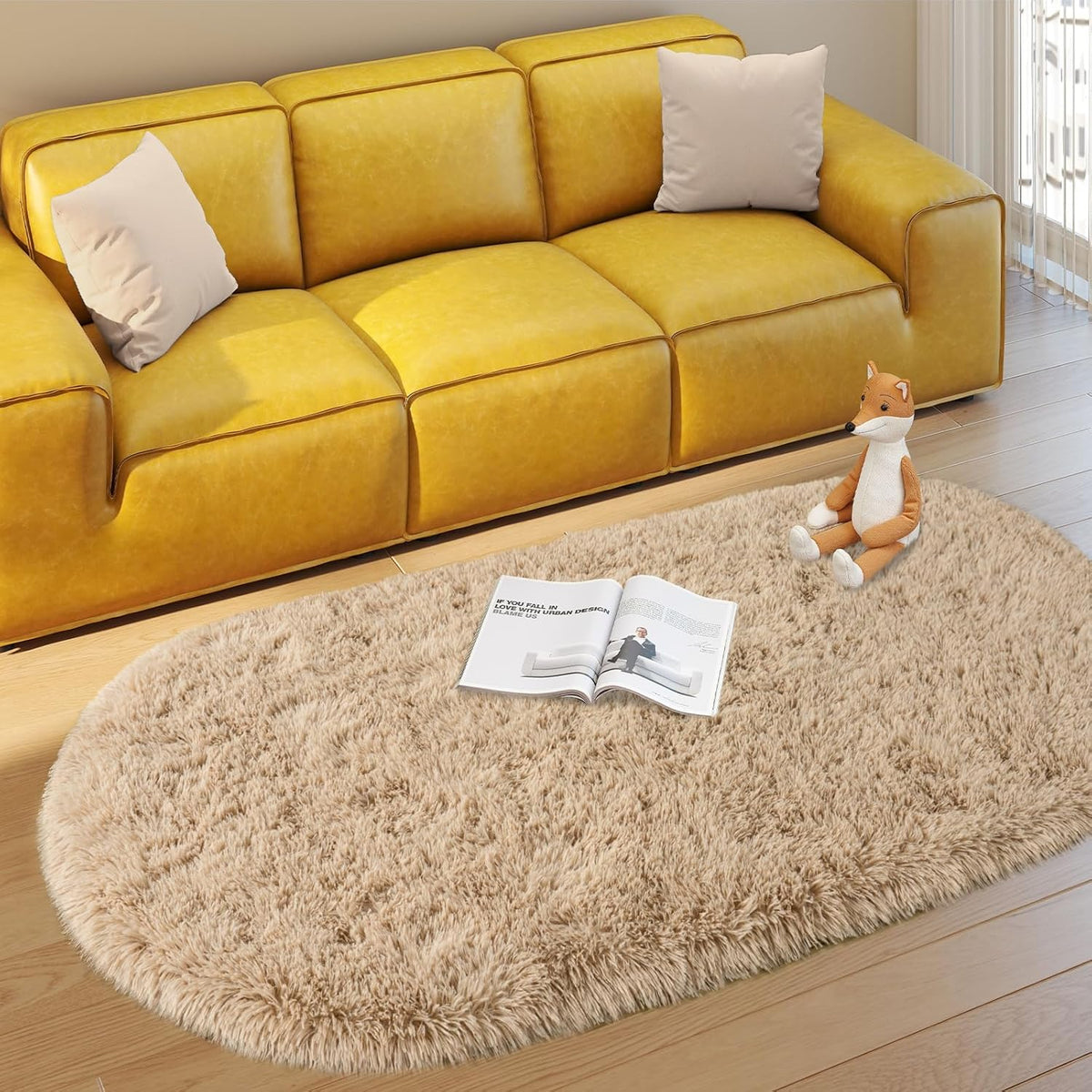 Soft Oval Beige Fluffy Rugs for Bedroom Washable Non-Slip, Set of 2