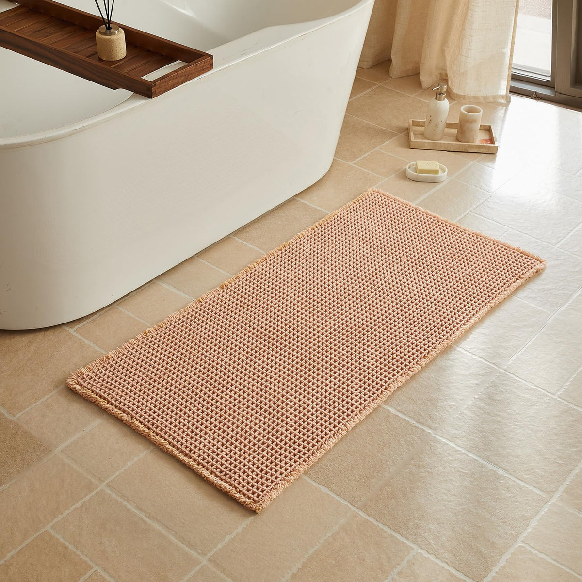 Triohero Waffle Bath Mat, Small Boho Bathroom Rugs Non Slip, 16x24 Khaki