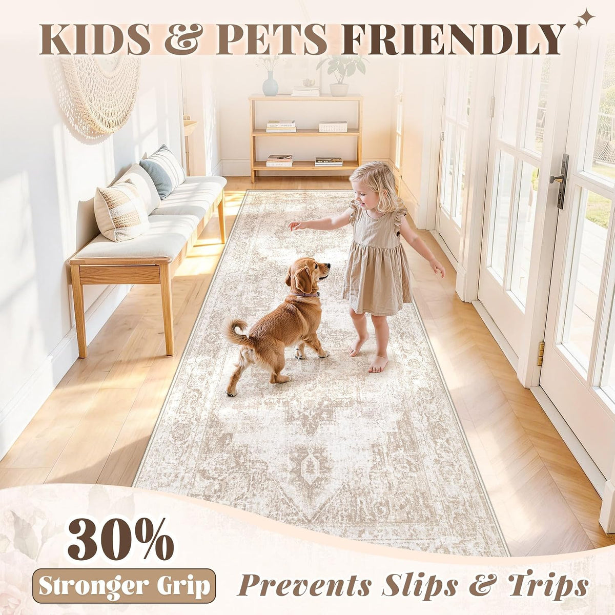 Runner Rug 2x6 Washable Rugs: Vintage Hallway Kitchen Runner Non Slip Low Pile Rug Runner Soft Stain Resistant Indoor Carpet Runners for Entryway Hall Bedroom Bedside (Beige, 2'x6')
