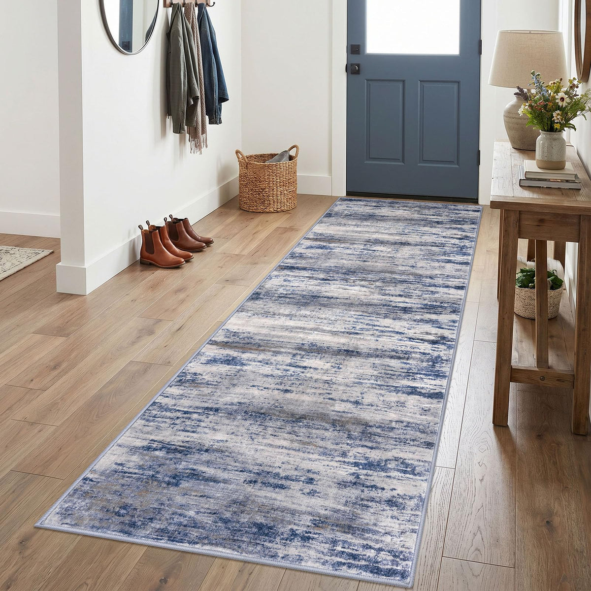 KOZYFLY Abstract Entryway Rug 2x3 Washable Door Mat Indoor Blue Beige