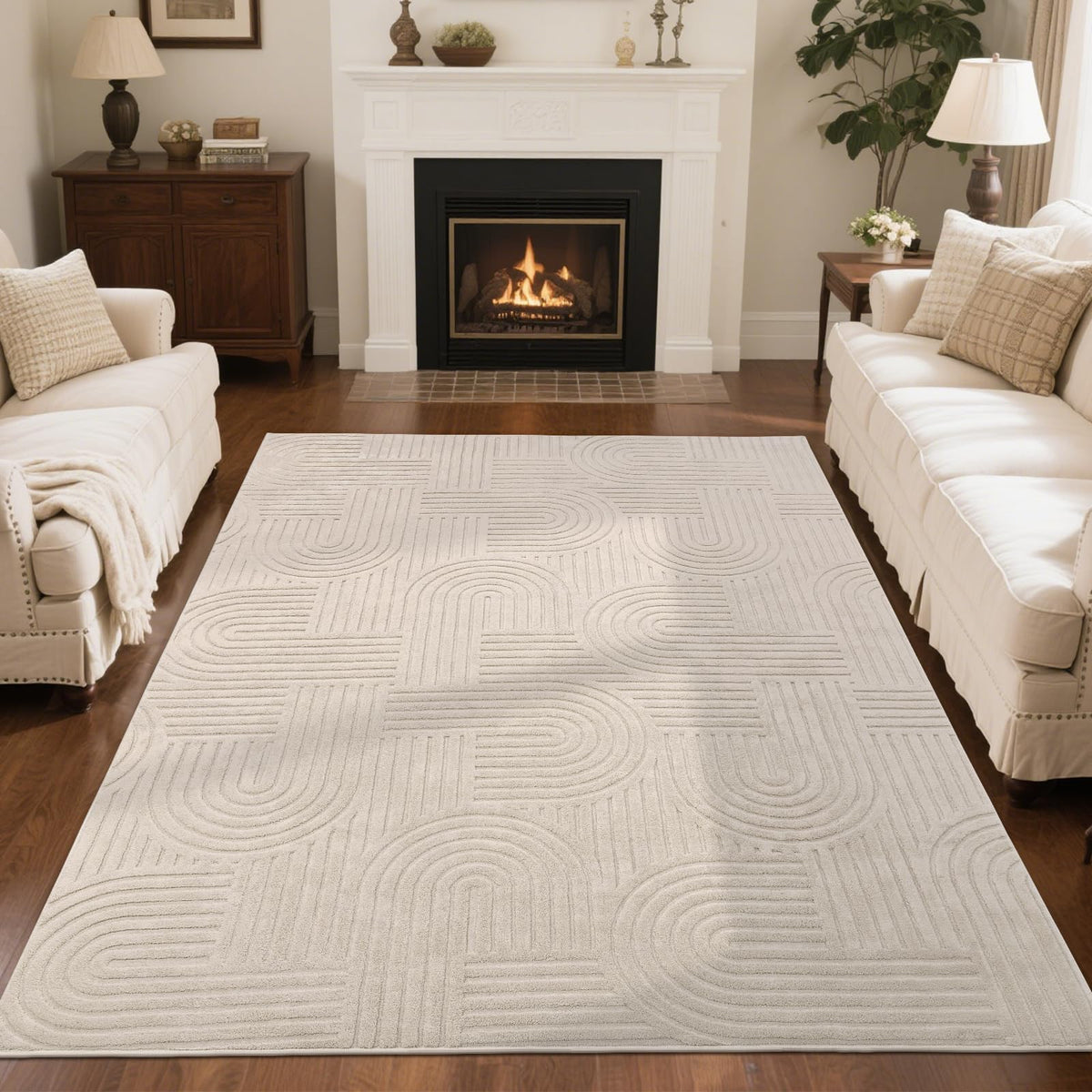 SHACOS Soft Fluffy Arch Pattern Area Rug 2'7"x5' Non Slip Washable Minimalist Modern High-Low Geometric Carpet for Living Room Kitchen Bedroom Bathroom, Beige