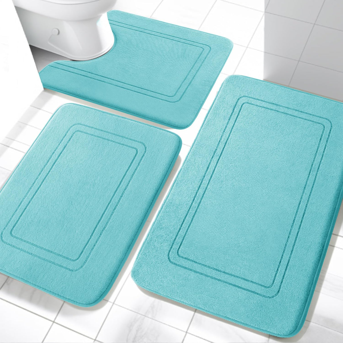 YIHOUSE Memory Foam Bath Mat Set, Non Slip Bath Mats, Super Soft and Water Absorbent, Machine Washable U Shape Toilet Mats, Dark Blue