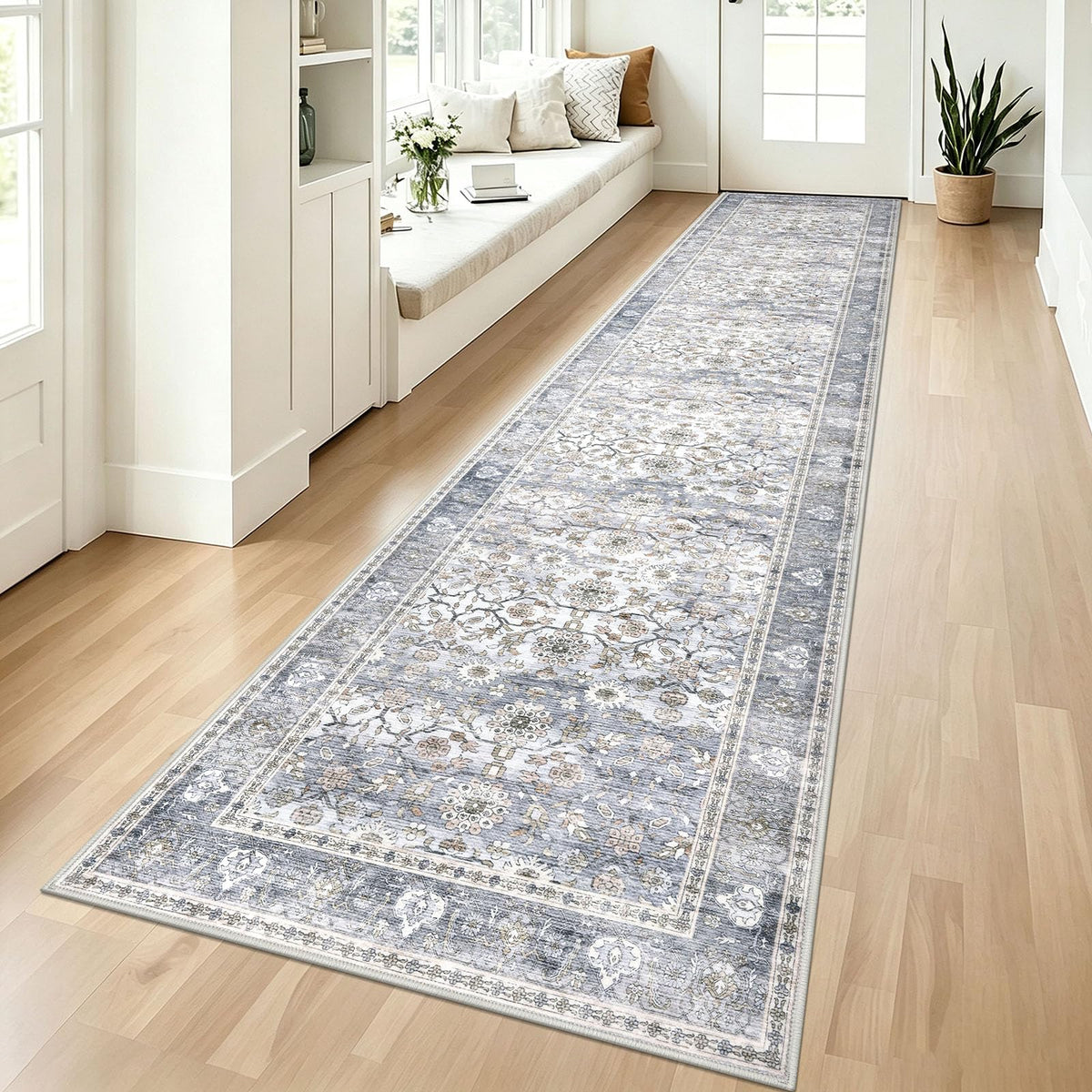 KUTA Vintage Floral Washable 2x3 Rugs for Entryway Blue Grey Beige