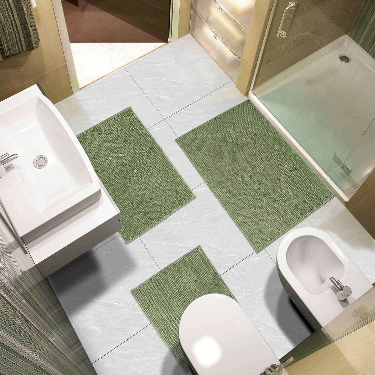 Urvoix Bathroom Rugs Sets 3 Piece, Non-Slip Chenille Bath Rug Set