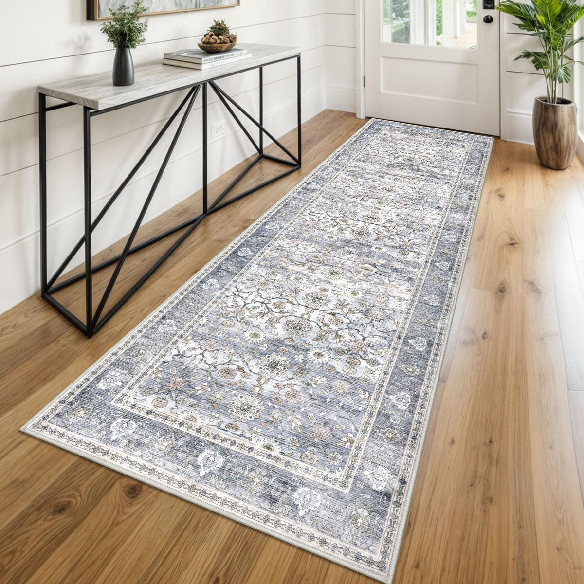 KUTA Vintage Floral Washable 2x3 Rugs for Entryway Blue Grey Beige