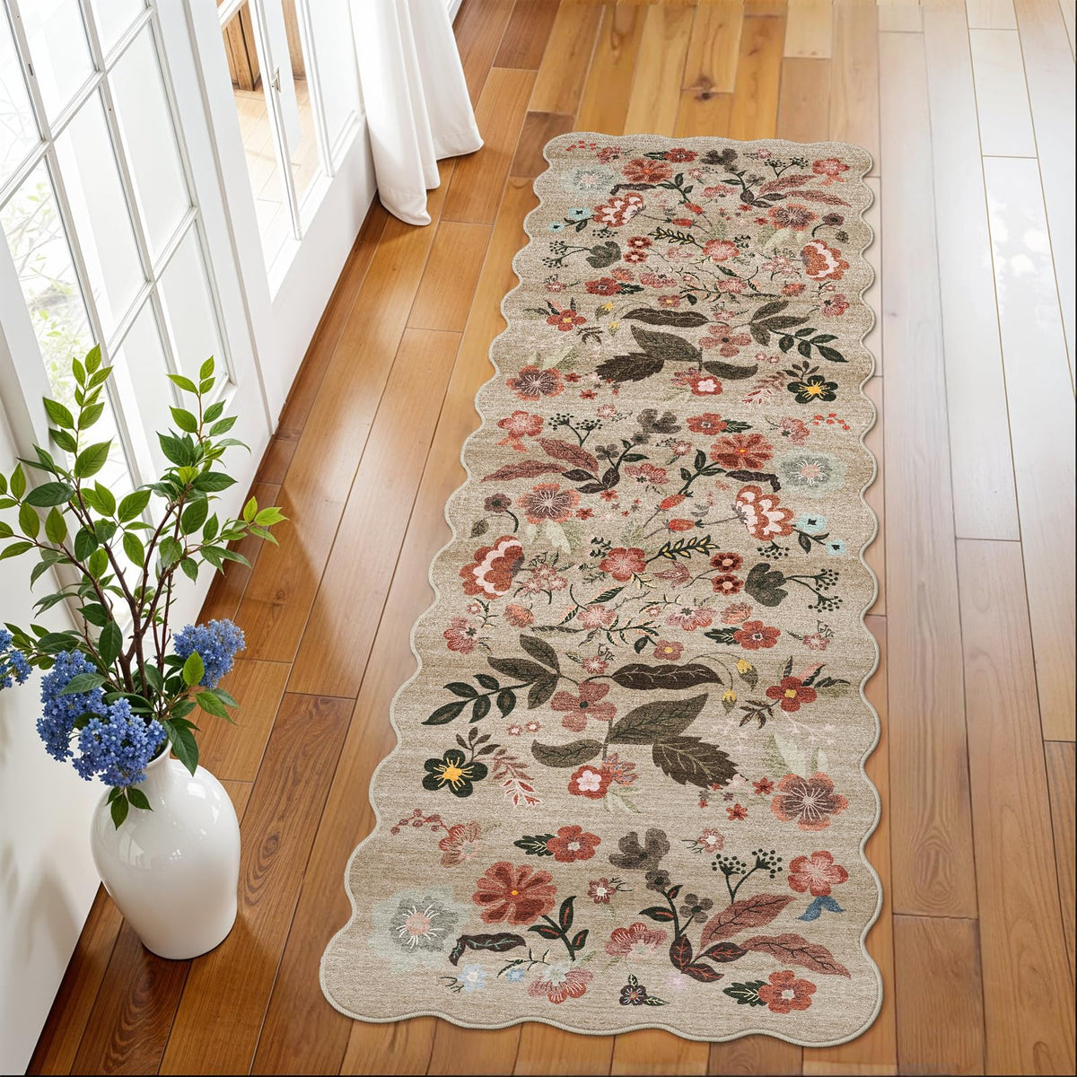 2x4 Rug Washable for Entryway - Non-Slip Scalloped Floral Throw Rug Black