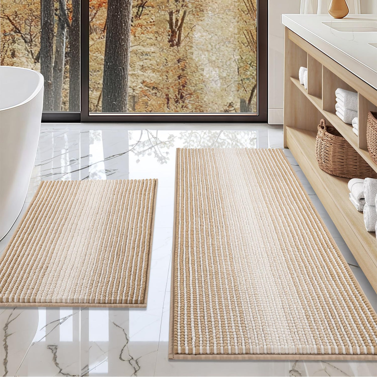 BSICPRO Bathroom Rugs Sets 2 Piece, Non Slip Striped Bath Mats, Sage