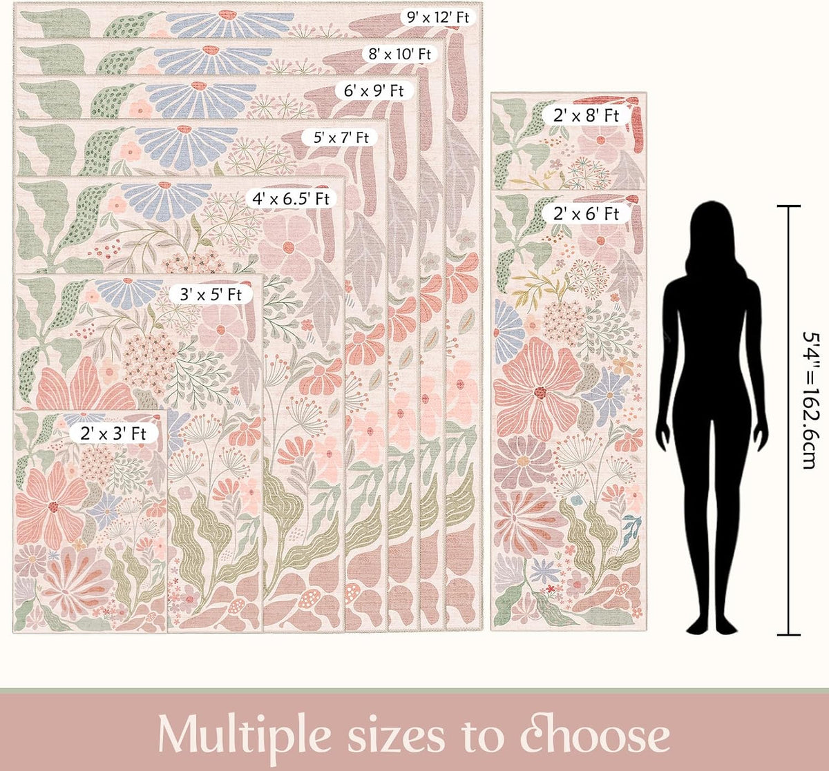 MUJOO Pink Washable 2x6 Runner Rugs Floral Area Rugs Non Slip Low-Pile