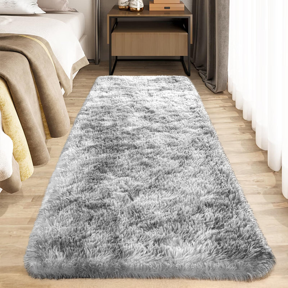 Zentavio 2x6 Runner Rugs for Hallway Shag Soft Bedroom Bedside Rugs Non Slip Fluffy Carpet for Kids Girls Boys Home Decor Aesthetic Dorm Nursery Tie-Dyed Black Grey