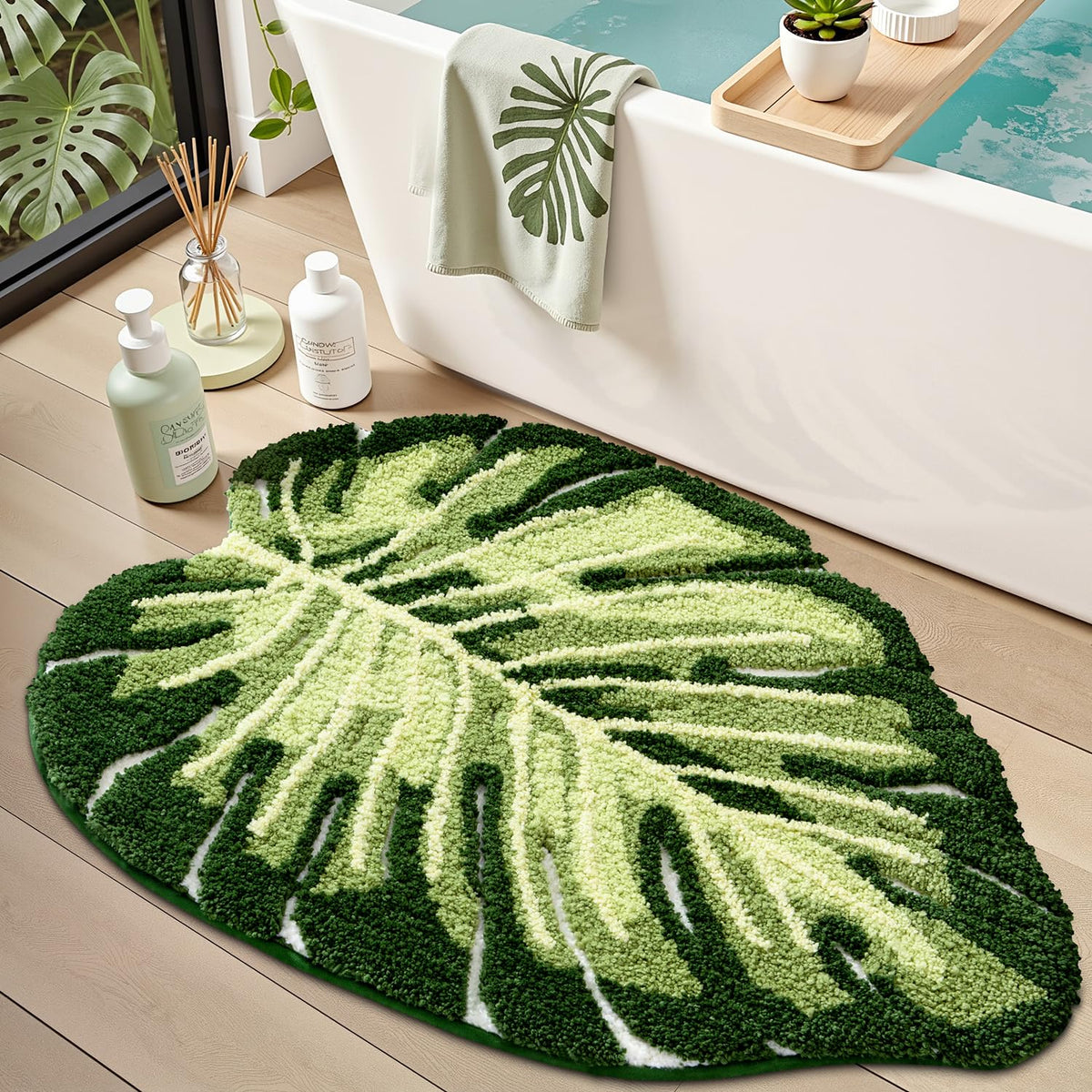 LUMI Bathroom Rug Green Leaf, Absorbent Non Slip Bath Mat, 23.5"x31.5"