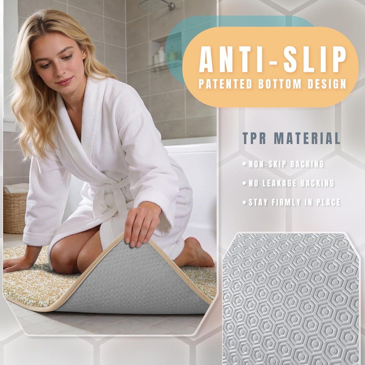 Yimobra Non Slip Machine Washable Bathroom Rug 24x17 Light Beige and White