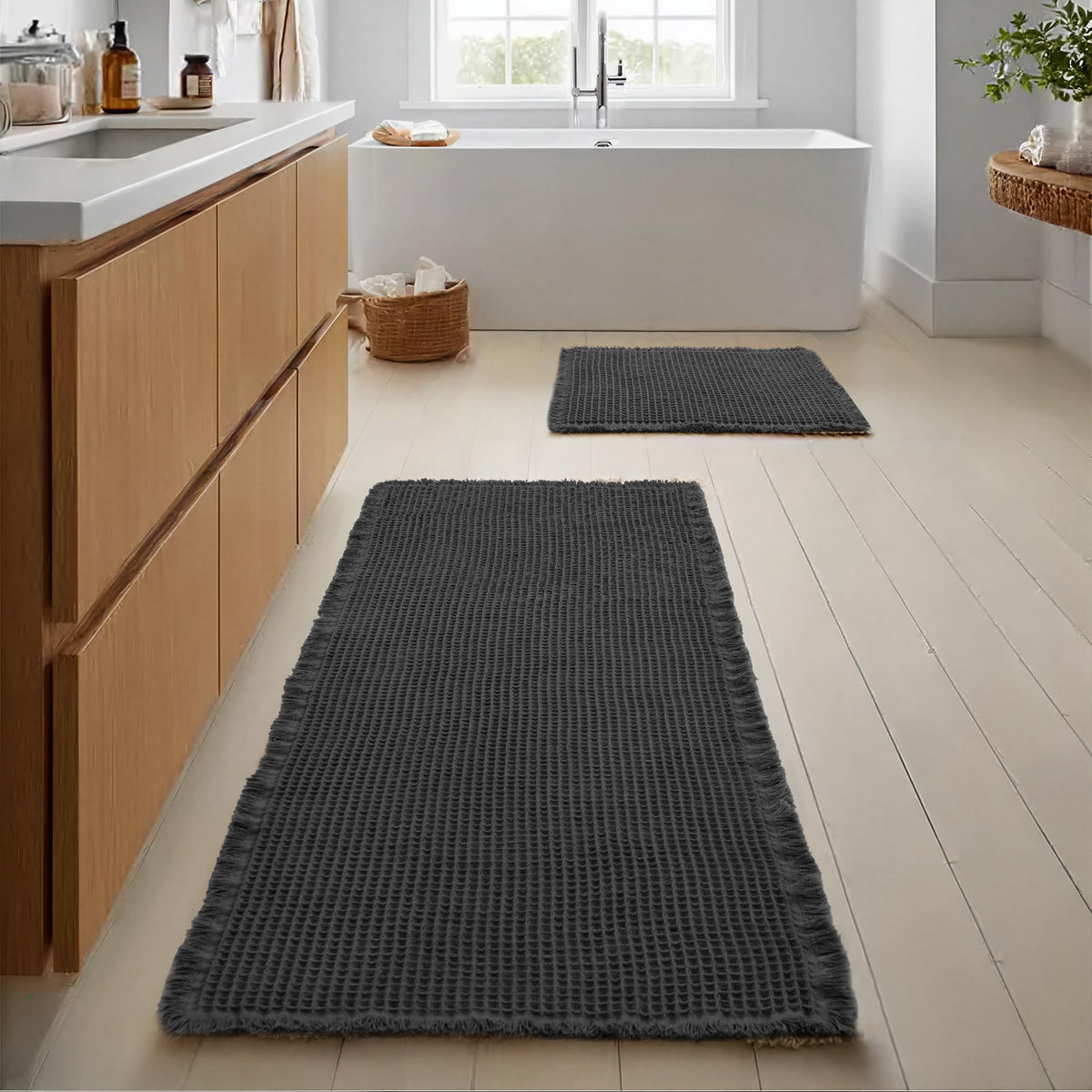 JIUZHEN Set of 2 Waffle Bath Mats Boho Bath Rugs 16"x24"+20"x32", Brown
