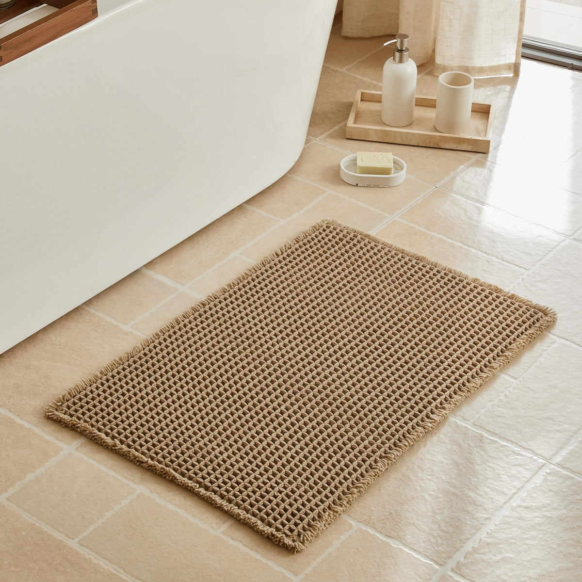 Triohero Waffle Bath Mat, Small Boho Bathroom Rugs Non Slip, 16x24 Khaki