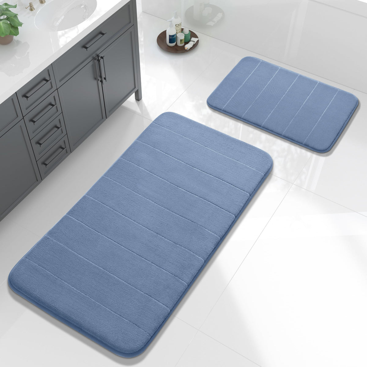 Yimobra Memory Foam Bathroom Rugs Sets 2 Piece - Super Soft Absorbent Quick Dry Bath Mat Set, Machine Washable Non Slip Floor Carpet for Tub Shower & Single Sink (17x24 & 31.5x20 Inch, Gray)