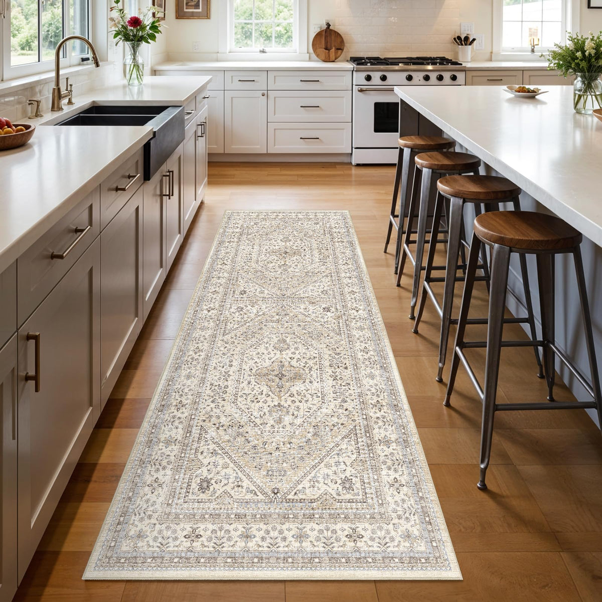 2x3 Washable Entryway Area Rug - Non-Slip Boho Throw Rugs Beige Gray
