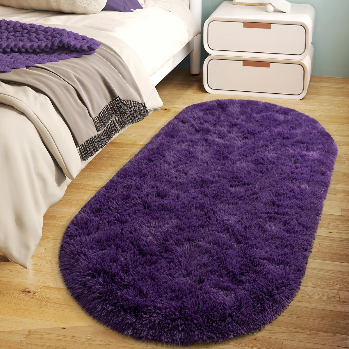 Soft Oval Beige Fluffy Rugs for Bedroom Washable Non-Slip, Set of 2